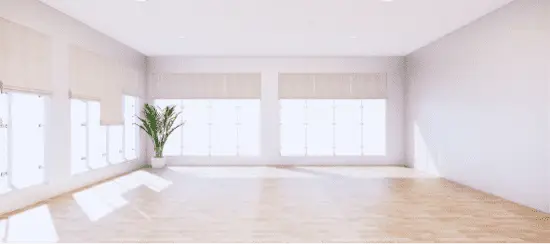 Empty bright room with large windows, wooden floors and potted plant