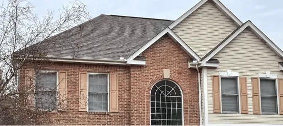 Modern two-story brick and vinyl siding house with arched front door entrance