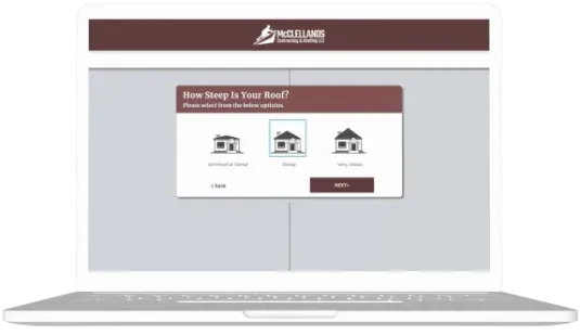 Laptop displaying roof steepness calculator with three house diagrams showing different roof slopes