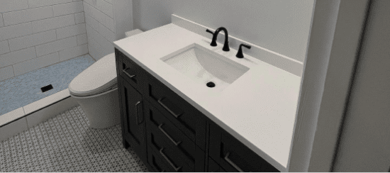 Modern bathroom with dark wood vanity, white countertop, black faucet and toilet