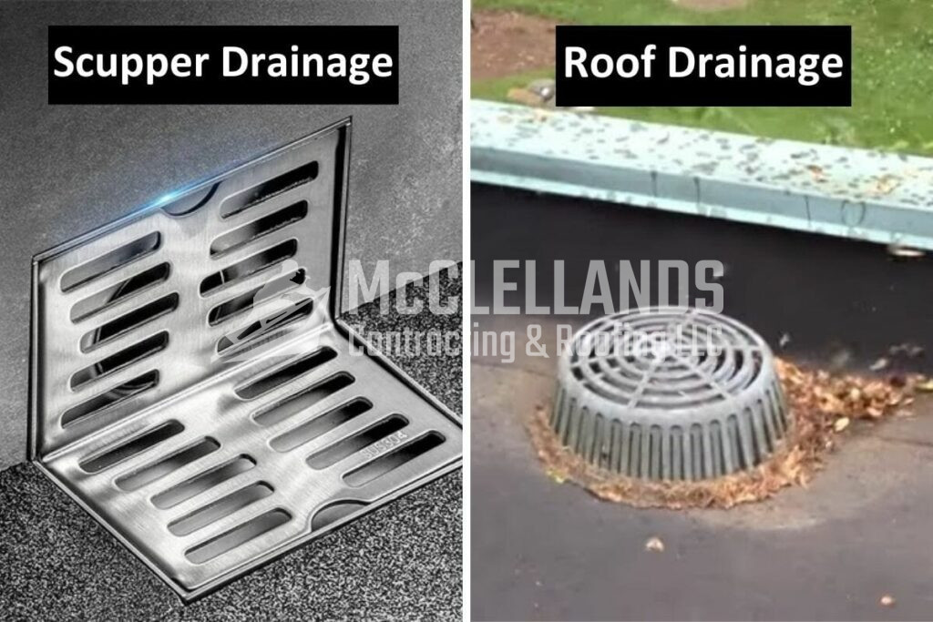 Scupper drainage, roof drainage