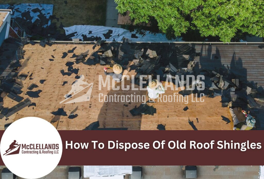 Aerial View Of Roof Replacement With Old Shingles Scattered On Wooden Decking