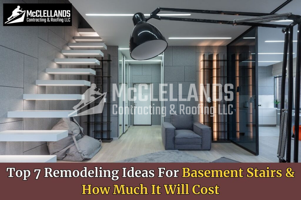 Modern Basement Interior With Floating Stairs, Industrial Lamp, And Gray Armchair