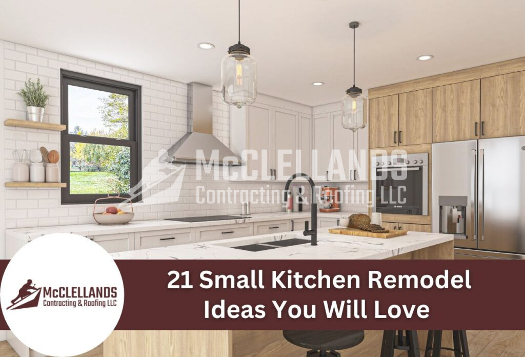 Modern Small Kitchen With Wood Cabinets, White Subway Tile, And Marble Island