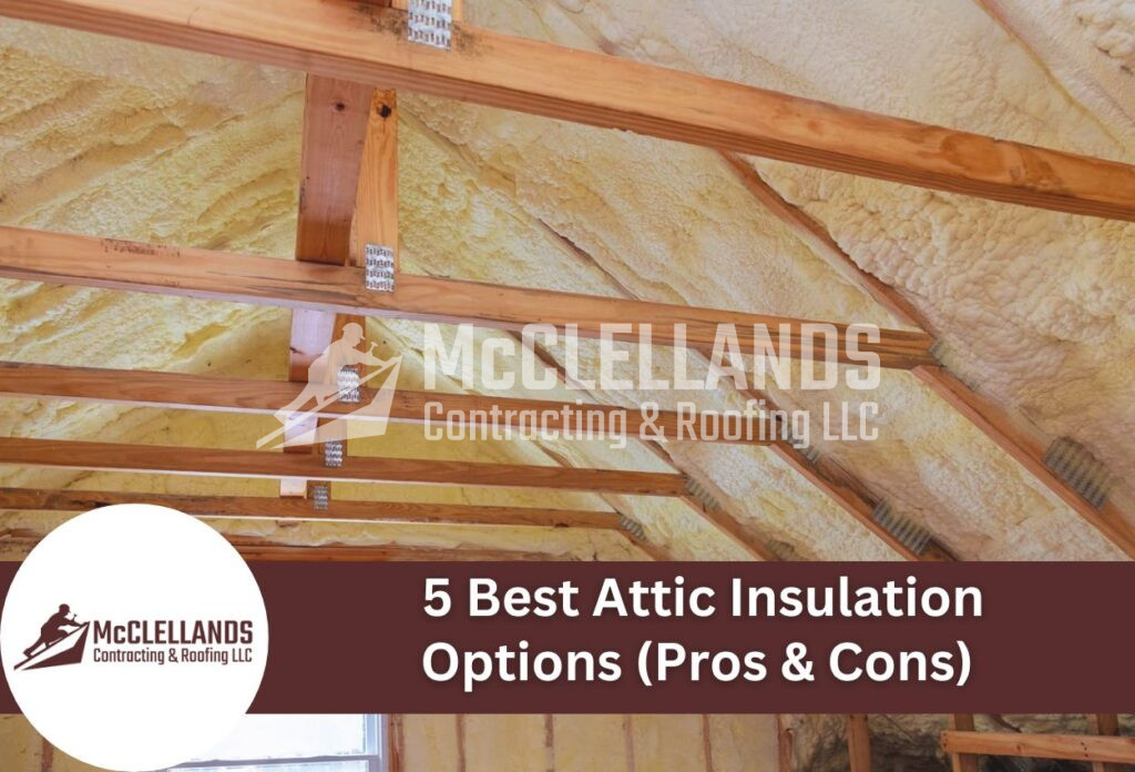Attic insulation installation with wooden rafters and spray foam insulation