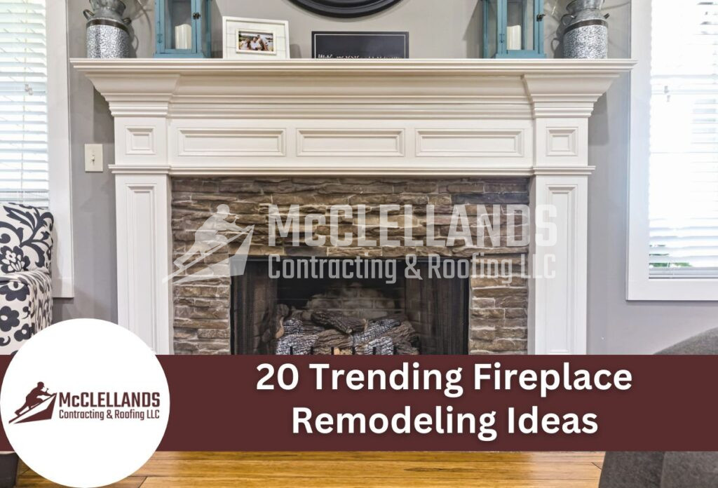 White Fireplace Mantel With Stone Surround And Decorative Items On Shelf