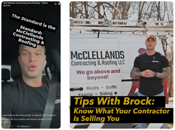 Split screen showing contractor tips video with McClellands roofing company ad