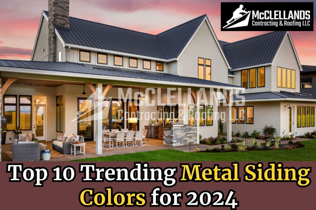 Modern House With Trending Metal Siding Colors And Dark Roof At Sunset
