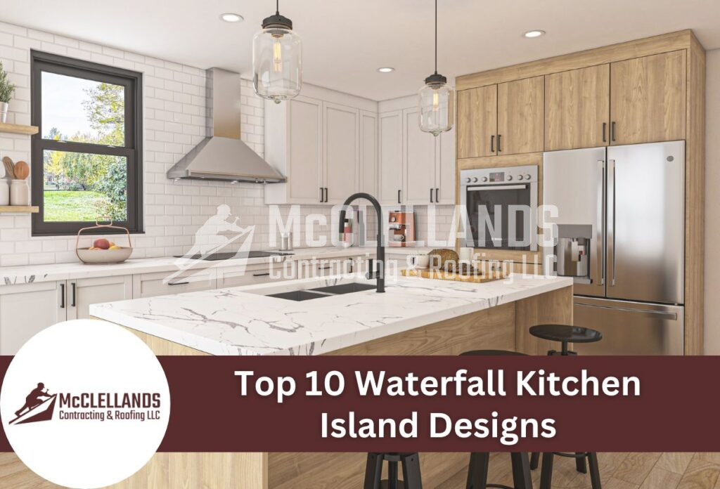 Modern Kitchen With Waterfall Island Featuring Marble Countertops And Wood Cabinets