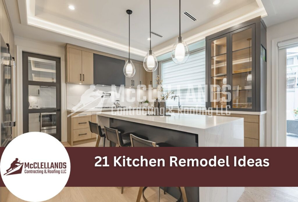Modern Kitchen With White Island, Wood Cabinets, Pendant Lights And Glass Displays