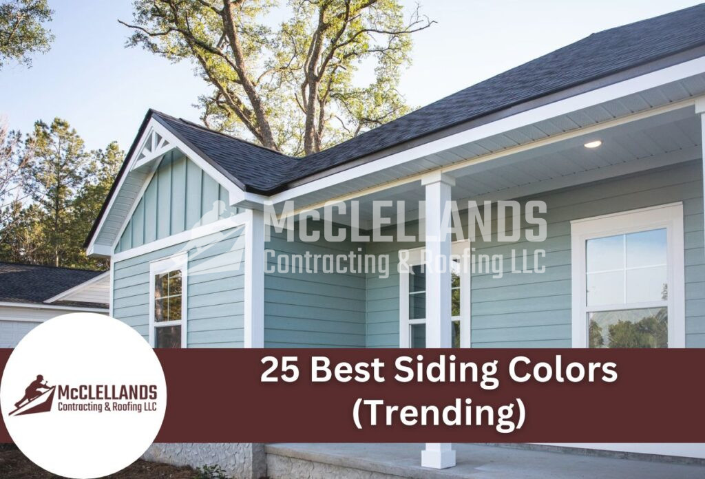 Modern house with blue-gray siding and white trim showcasing trending exterior colors