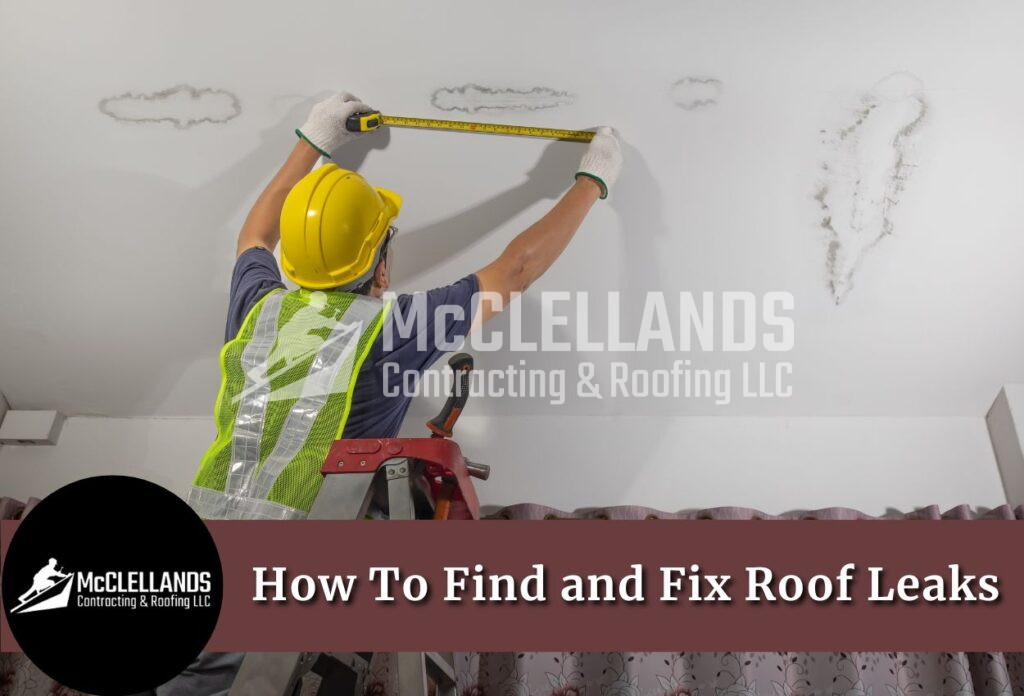 Construction Worker In Yellow Hard Hat Measuring Ceiling Damage With Tape Measure