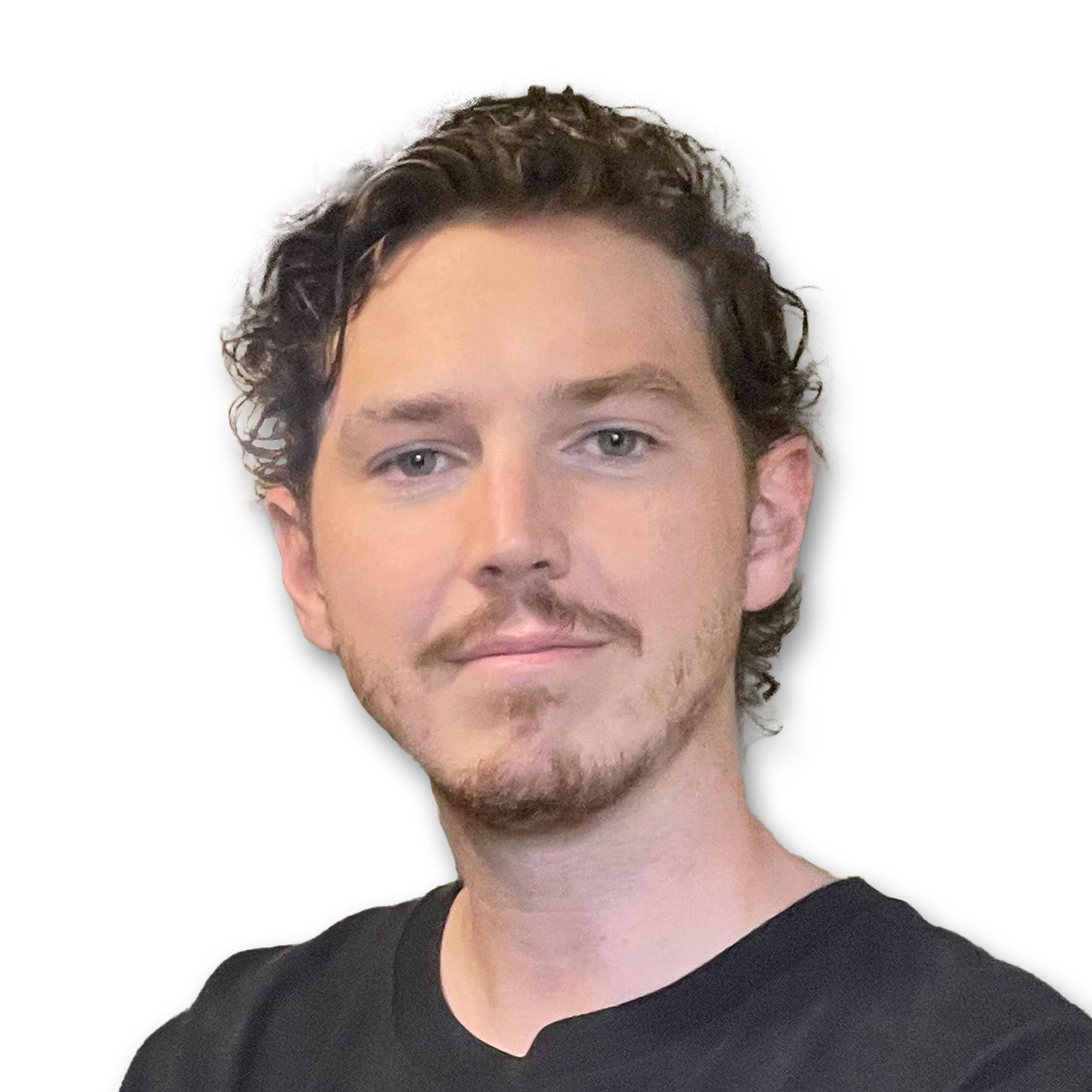 Young man with curly brown hair and facial stubble wearing black v-neck shirt
