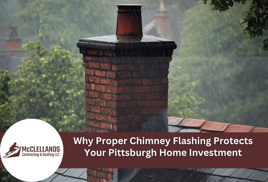 Red Brick Chimney With Flashing On Roof During Heavy Rain In Pittsburgh