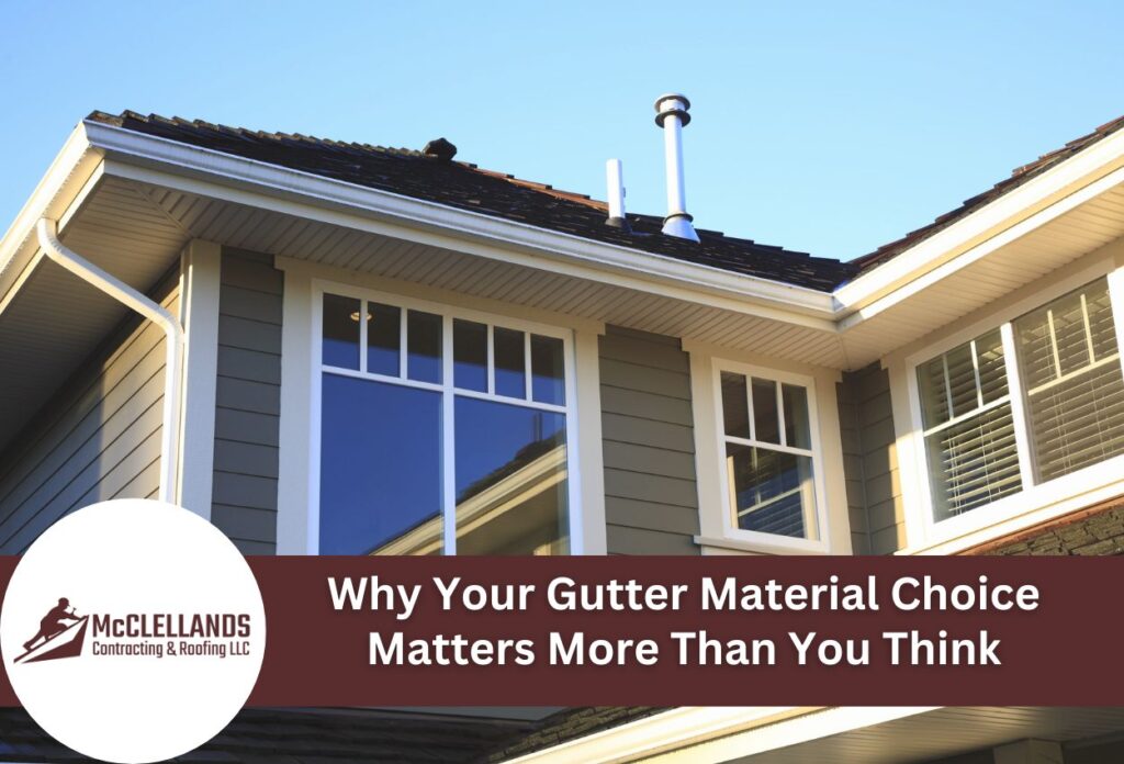 Modern House Exterior With Gray Siding And White Gutters Under Clear Blue Sky