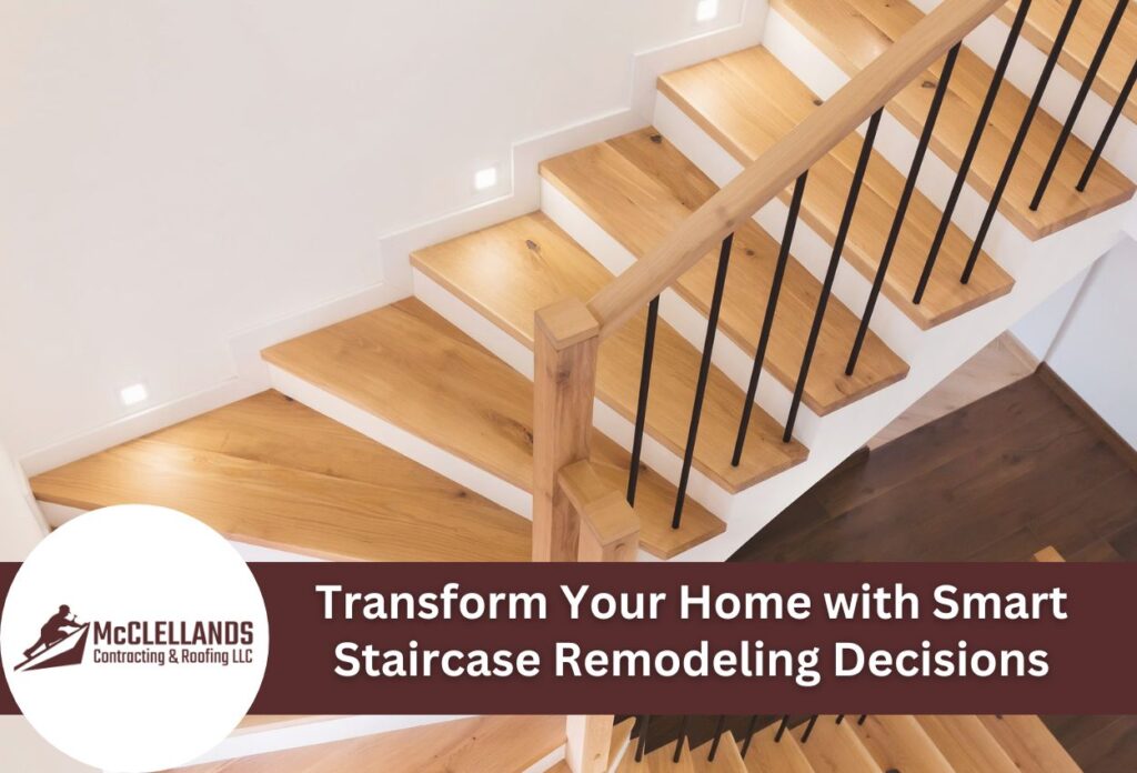 Modern Wooden Staircase With Black Metal Railings And White Base In Home Interior