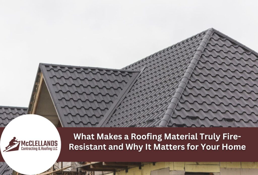 Gray Metal Tile Roofing On Residential Home With Fire-Resistant Materials