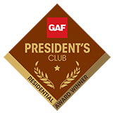 GAF President's Club Residential Award badge design in brown and gold