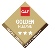 GAF Golden Pledge Weather Stopper Limited Warranty badge.