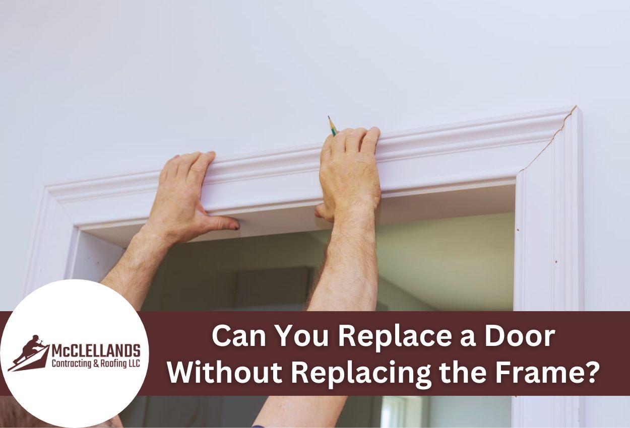 Person measuring a door frame with a pencil for replacement.