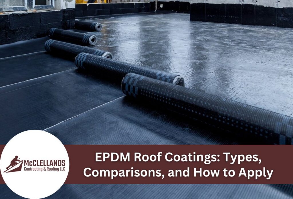 Close-up of EPDM roofing rolls on a prepared flat roof surface.
