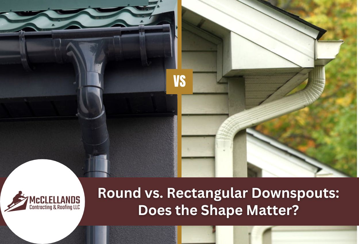 Comparison of round and rectangular downspouts on house gutters.