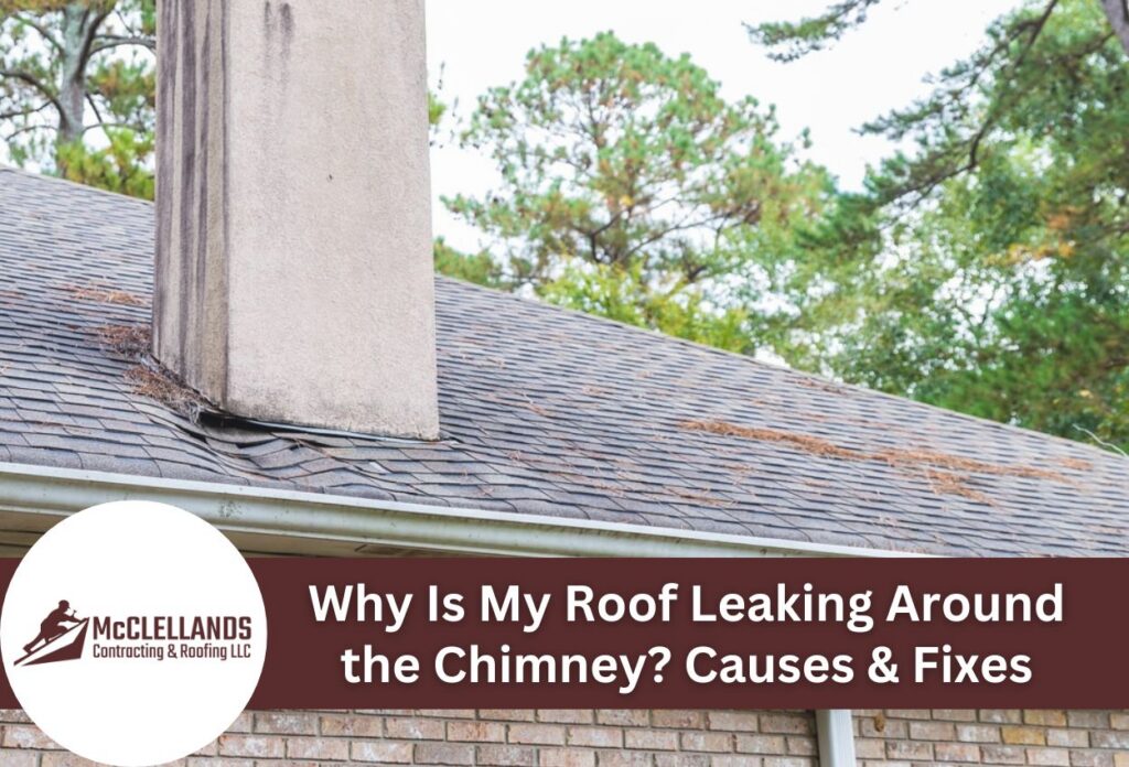 Chimney on a shingle roof with visible leakage issues and potential damage.