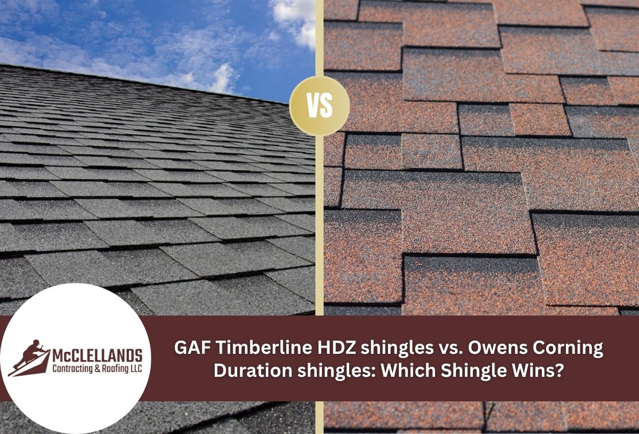 Comparison of GAF Timberline HDZ and Owens Corning Duration shingles under a blue sky.