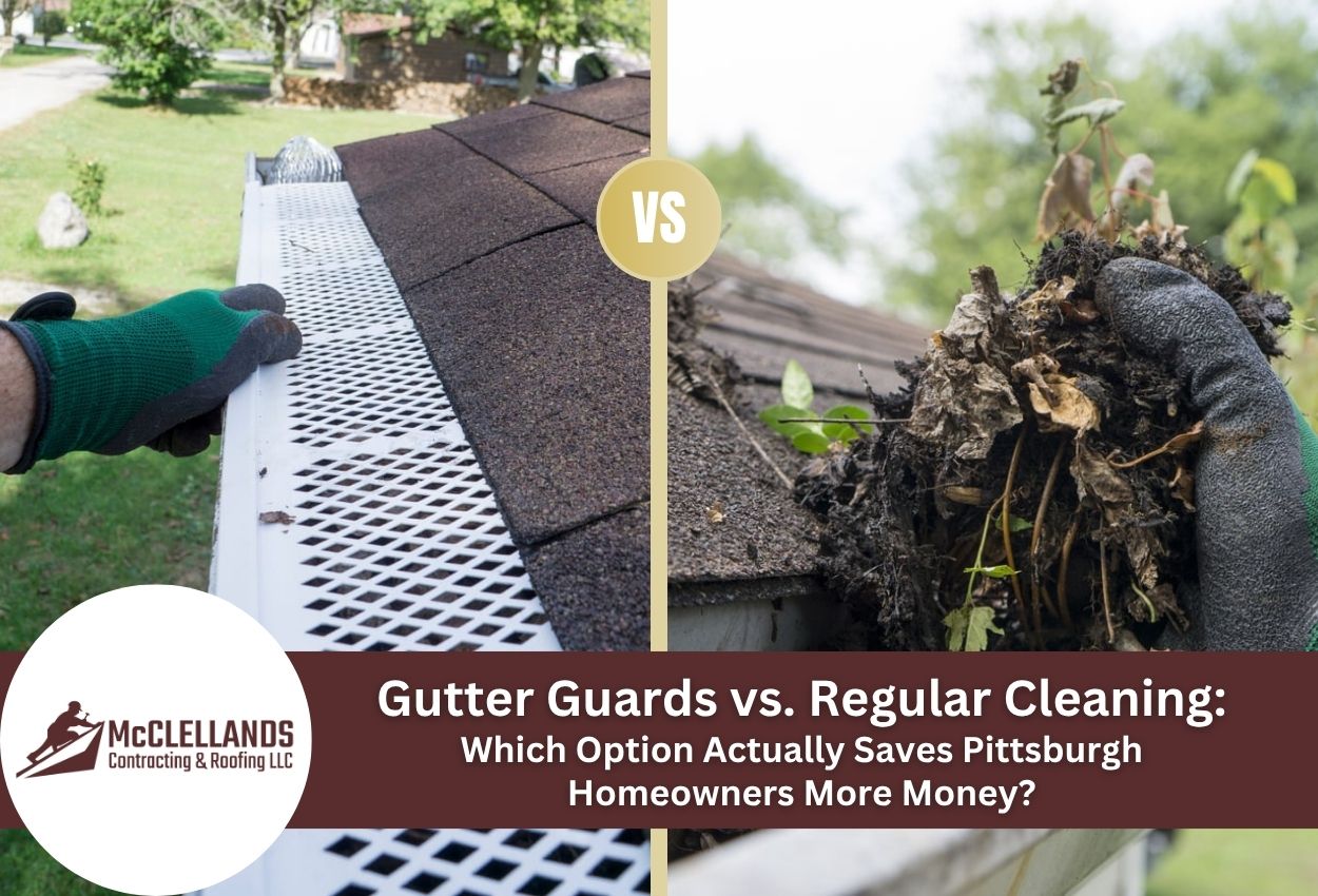Comparison of gutter guards and regular cleaning on a residential roof.