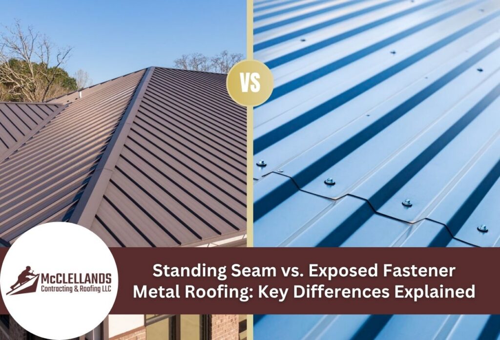 Comparison of standing seam vs exposed fastener metal roofing types.