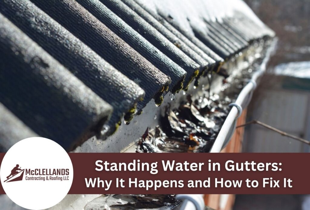 Standing Water In Clogged Gutters Of A Roof In Close-Up View.