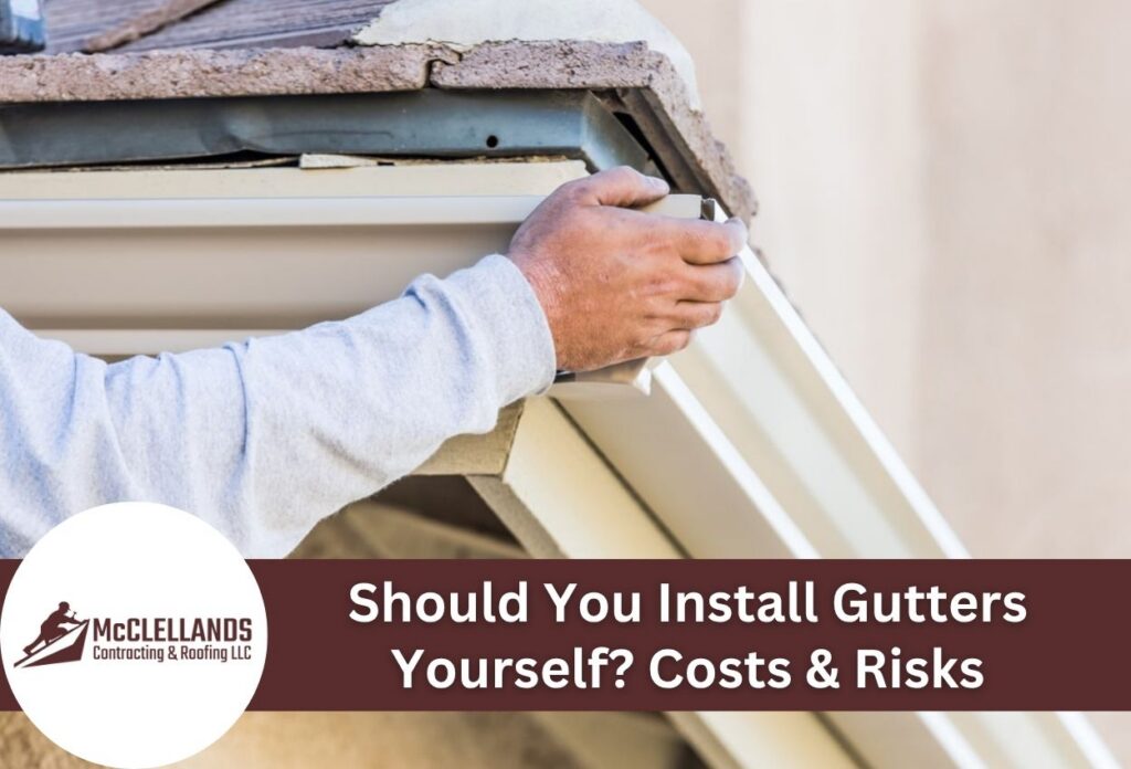 Person installing gutters on a roof, highlighting installation techniques.