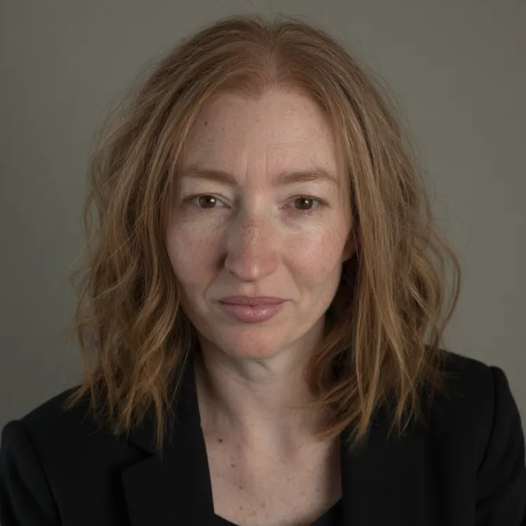 Portrait of a woman with red hair in a black blazer, neutral background