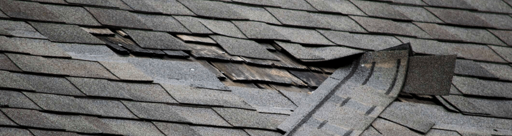 Damaged roof shingles with visible wear and tear