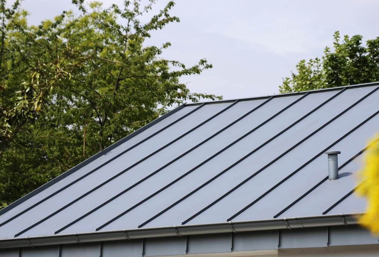 Modern metal roof with sleek design amidst tree backdrop